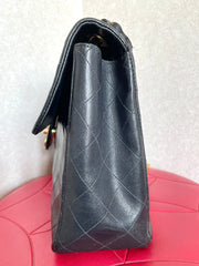 Vintage CHANEL black lamb leather large, jumbo size shoulder bag with big golden CC closure and chain strap. 2.55 classic purse. 050223rc1