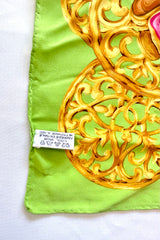 Vintage Chanel lime green scarf with gold, red, pink, green, colorful gripoix jewelry print. Large silk scarf. Gorgeous wrapping.050131ya1