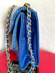 MINT. Vintage CHANEL blue genuine lizard leather double envelop style flap shoulder purse with golden chain strap and tassel. 050225ac1