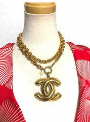 1990s. Vintage CHANEL long chain necklace with extra large matelasse CC mark pendant top.  Can be worn in double.  Gorgeous and classic jewelry piece.