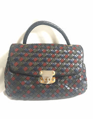 Vintage Bottega Veneta black, navy, wine, green, multicolor intrecciato woven leather handbag. Rare masterpiece.