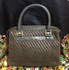 Vintage Bally Dark Brown & Khaki Woven Leather Handbag — Smooth and Suede Combo — Golden B Logo — Rare Masterpiece. 050323re2