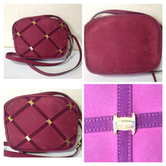 Vintage Salvatore Ferragamo vara collection wine, purple suede leather shoulder bag with golden bow charm. 050816f5