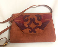 Vintage Bally brown, red, and purple suede leather ethnic design shoulder bag, clutch purse. 170620