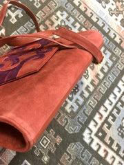 Vintage Bally brown, red, and purple suede leather ethnic design shoulder bag, clutch purse. 170620