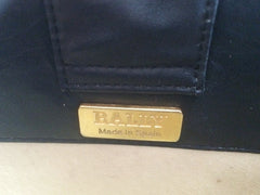 Vintage Bally black leather retro pop design bag, business purse with gold tone drawstrings and unique flap cut design.  Unisex use. 160315