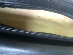 Vintage Bally black leather retro pop design bag, business purse with gold tone drawstrings and unique flap cut design.  Unisex use. 160315