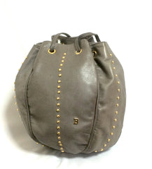 Vintage BALLY taupe gray lamb leather ball shape hobo bucket shoulder bag with golden B charm. Unique design. 050315r4