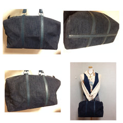 80's vintage Christian Dior Bagages navy genuine suede leather travel duffle bag, purse, handbag with embossed Dior logo allover. Unisex