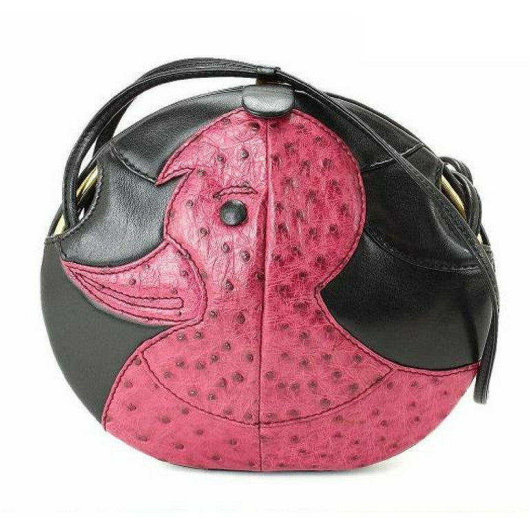 1980s. Vintage BALLY cute duck design black leather and pink ostrich leather combi round shoulder bag, clutch purse. Made in West Germany.