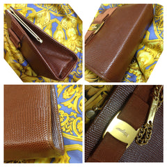 Vintage Salvatore Ferragamo brown lizard embossed leather golden chain clutch bag with vara gancini collection. Kiss lock closure purse.