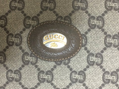 80's vintage Gucci Plus beige monogram large size makeup case, toiletry pouch, purse with golden logo plate. Unisex use