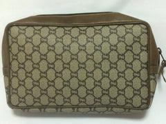 80's vintage Gucci Plus beige monogram large size makeup case, toiletry pouch, purse with golden logo plate. Unisex use