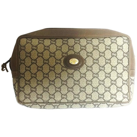 80's vintage Gucci Plus beige monogram large size makeup case, toiletry pouch, purse with golden logo plate. Unisex use