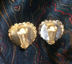Vintage ESCADA faux pearl heart earrings with red, clear, blue, & green crystals.