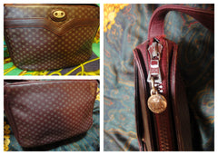 80's vintage Celine shoulder purse in bordeaux, burgundy leather with iconic blaison macadam print all over. riri zipper.