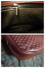 80's vintage Celine shoulder purse in bordeaux, burgundy leather with iconic blaison macadam print all over. riri zipper.