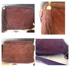 Vintage CHANEL dark brown V stitch suede leather shoulder bag with CC stitch mark and long tassel. Best Chanel purse. 0512191