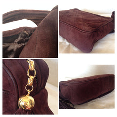 Vintage CHANEL dark brown V stitch suede leather shoulder bag with CC stitch mark and long tassel. Best Chanel purse. 0512191