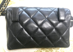1980s. Vintage CHANEL black lamb leather belt bag, waist bag, fanny pack with golden chain belt & CC closure.  Belt size good for 23.8" through 26.2" (60.5-66.5cm)