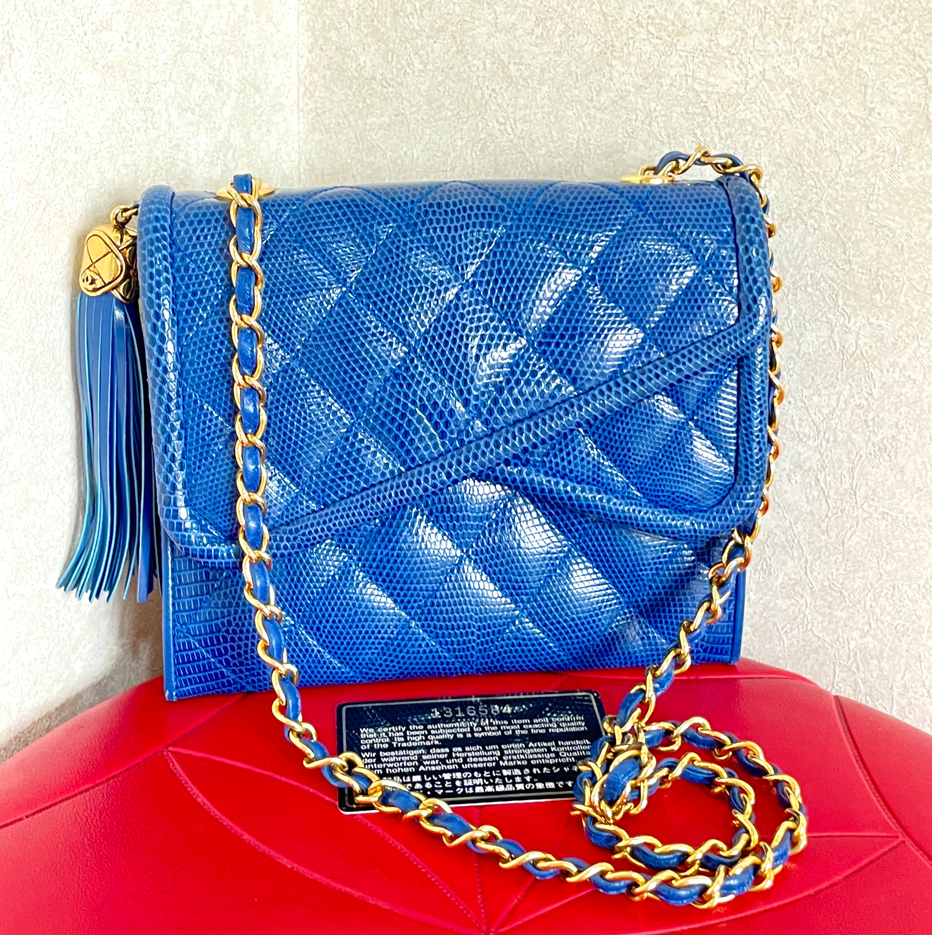 MINT. Vintage CHANEL blue genuine lizard leather double envelop style flap shoulder purse with golden chain strap and tassel. 050225ac1