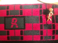 Vintage Roberta di Camerino wine red, grey, and black geometric pattern velvet handbag with golden logo charms.  060905r6