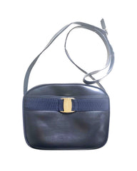 Vintage Salvatore Ferragamo dark navy leather shoulder bag with golden logo embossed motif from vara collection. Classic purse. 050406r7