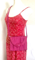 Vintage Nina Ricci hot pink tape fabric shoulder bag/clutch purse with Japanese obi motif and golden logo. So chic.
