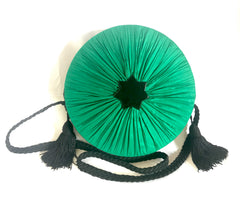 Vintage Nina Ricci black suede and green satin mix round shoulder bag with fringes and enamel star motif. Suzy Wong design. Collectible bag. 060616r3