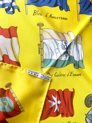 Vintage HERMES Carre large yellow silk scarf with red, blue, and white flag print. Best foulard.  PAVOIS.