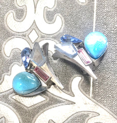Vintage Christian Lacroix silver and blue earrings. Blue and pink crystal stones. Rare statement jewelry. Great gift.  0506302