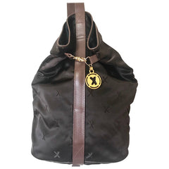 Vintage Paloma Picasso brown satin logo jacquard hobo shoulder bag with leather trimmings and golden logo charm. Classic bag for daily use.