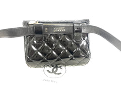 1990s Vintage CHANEL Black Patent Enamel Leather Fanny Pack / Hip Bag / Party Clutch — Belt Size 28–30" — 050320r17