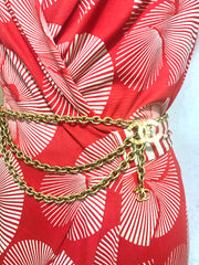 Vintage CHANEL gold chain belt with triple layer chains and two large CC mark charms at sides. Gorgeous belt. 72cm. R04101111