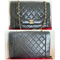 Vintage Chanel black lambskin chain 2.55 shoulder bag with gold chain. Unique hexagon shaped flap. 0407012