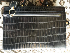 Vintage Gianni Versace black croc embossed leather Kelly style bag with Medallion Sunburst motifs. Gorgeous masterpiece. 050816f1