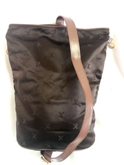 Vintage Paloma Picasso brown satin logo jacquard hobo shoulder bag with leather trimmings and golden logo charm. Classic bag for daily use.