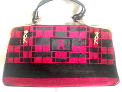 Vintage Roberta di Camerino wine red, grey, and black geometric pattern velvet handbag with golden logo charms.  060905r6