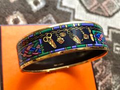 Vintage Hermes golden enamel and cloisonne bangle, bracelet with blue, purple, green etc. Scissors and woven tape motifs. 060426re