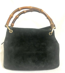 W4 Vintage Gucci black suede leather handbag with bamboo handles. Classic purse from Bamboo collection.