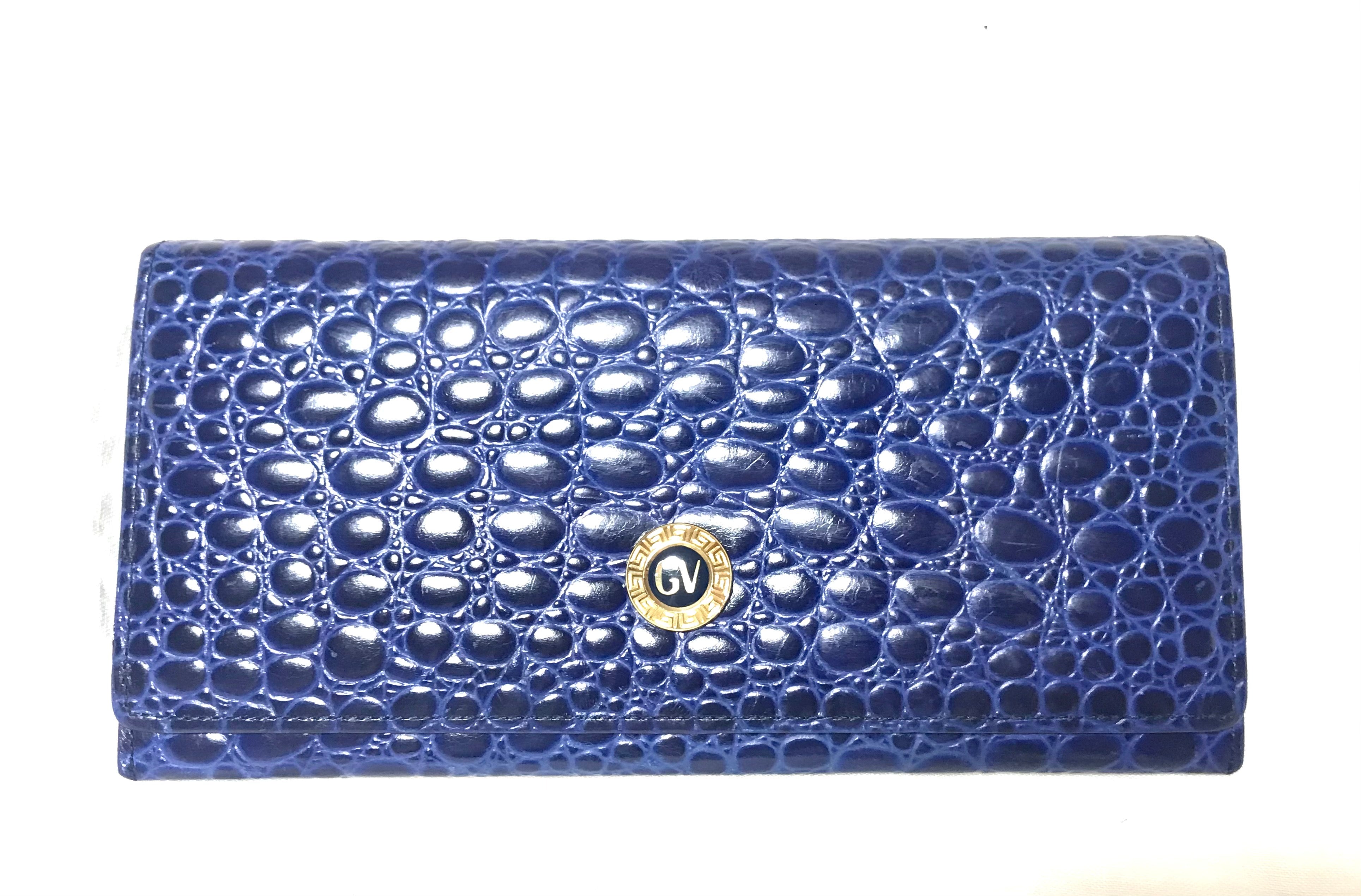 Vintage Gianni Versace croc-embossed leather blue wallet with golden round embossed logo motif. Unisex great gift.