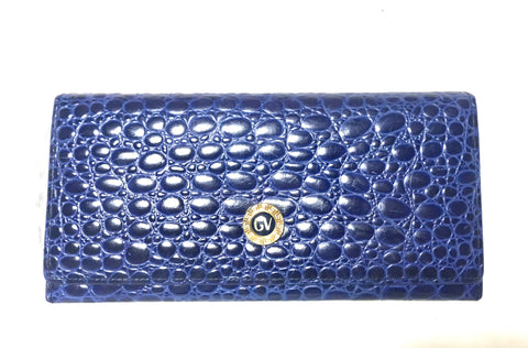 Vintage Gianni Versace croc-embossed leather blue wallet with golden round embossed logo motif. Unisex great gift.