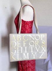 Vintage Paloma Picasso ivory beige leather large shoulder bag, tote bag with golden alphabet, letter print. Must have daily purse. 050425r3