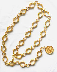 Vintage CHANEL nice and heavy thick golden chain belt with large CC motif charm. Double chain design at front. Gorgeous belt. 07610re4