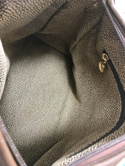 Vintage Borbonese by red wall, brown and beige leather classic bag with golden logo charm.  Unisex use. Masterpiece.