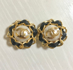 Vintage CHANEL earrings with golden CC, faux pearl, black leather and chain frame. Perfect Chanel jewelry. 050406r6