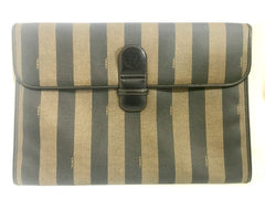 Vintage Fendi gray pecan stripe portfolio document bag, large clutch bag with black leather trimmings. Classic purse for unisex use.