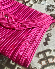 Vintage Nina Ricci hot pink tape fabric shoulder bag/clutch purse with Japanese obi motif and golden logo. So chic.