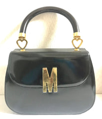 Vintage MOSCHINO black patent enamel Kelly style handbag with M logo and heart motifs. Masterpiece by Redwall. 050323re4