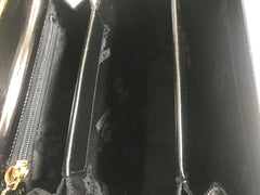 Vintage MOSCHINO black patent enamel Kelly style handbag with M logo and heart motifs. Masterpiece by Redwall. 050323re4